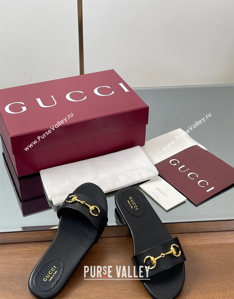 Gucci Calf Leather Flat Slides Sandal with Horsebit Black 2025 835828 (MD-250609079)