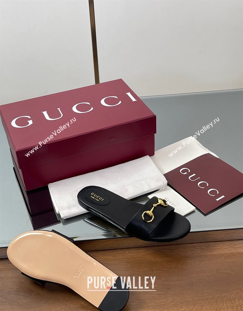 Gucci Calf Leather Flat Slides Sandal with Horsebit Black 2025 835828 (MD-250609079)