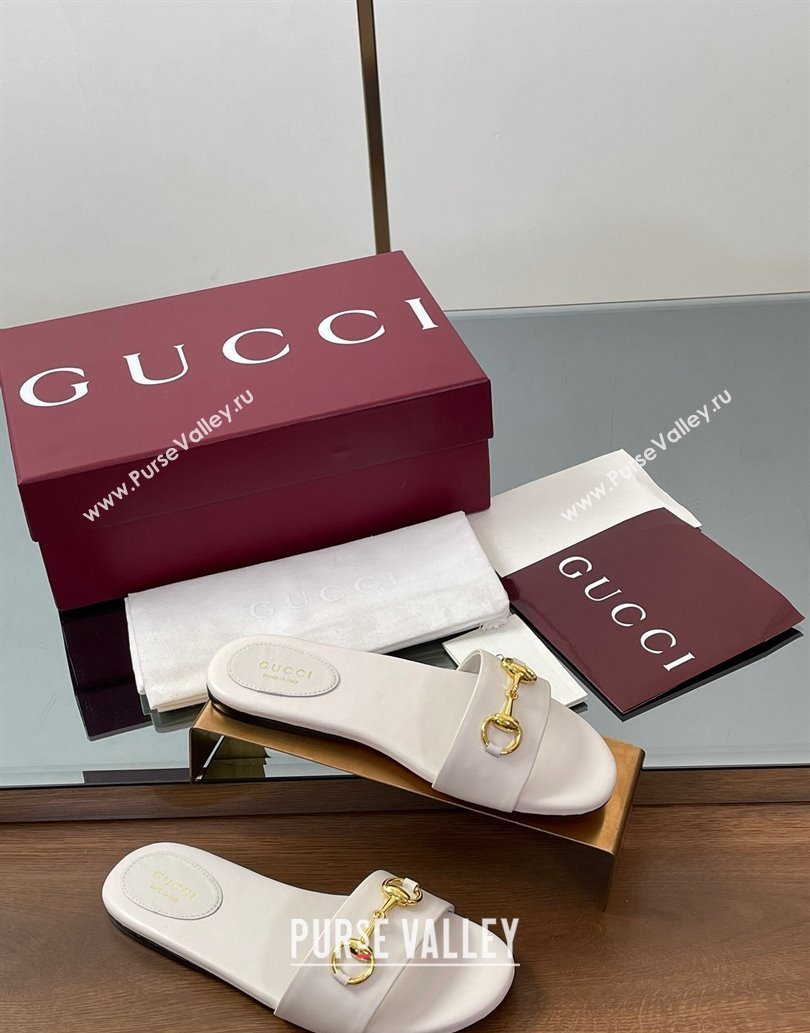 Gucci Calf Leather Flat Slides Sandal with Horsebit White 2025 835828 (MD-250609080)