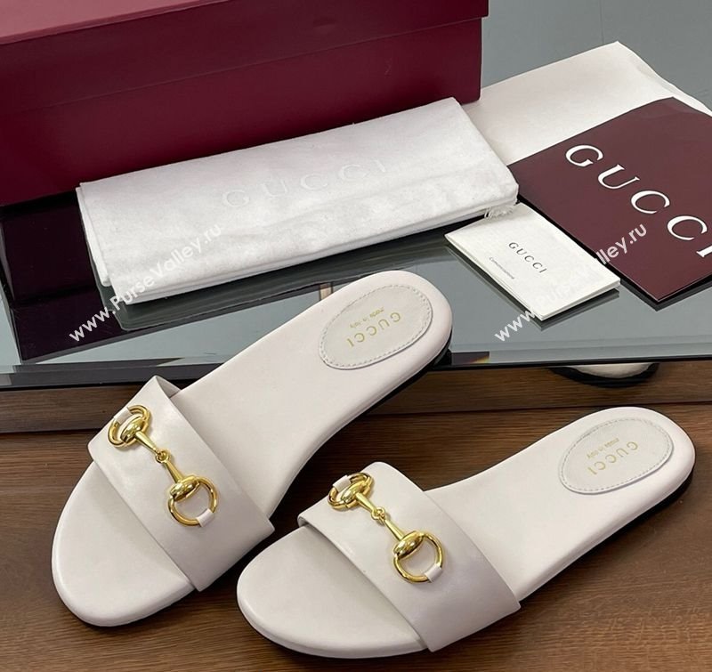 Gucci Calf Leather Flat Slides Sandal with Horsebit White 2025 835828 (MD-250609080)