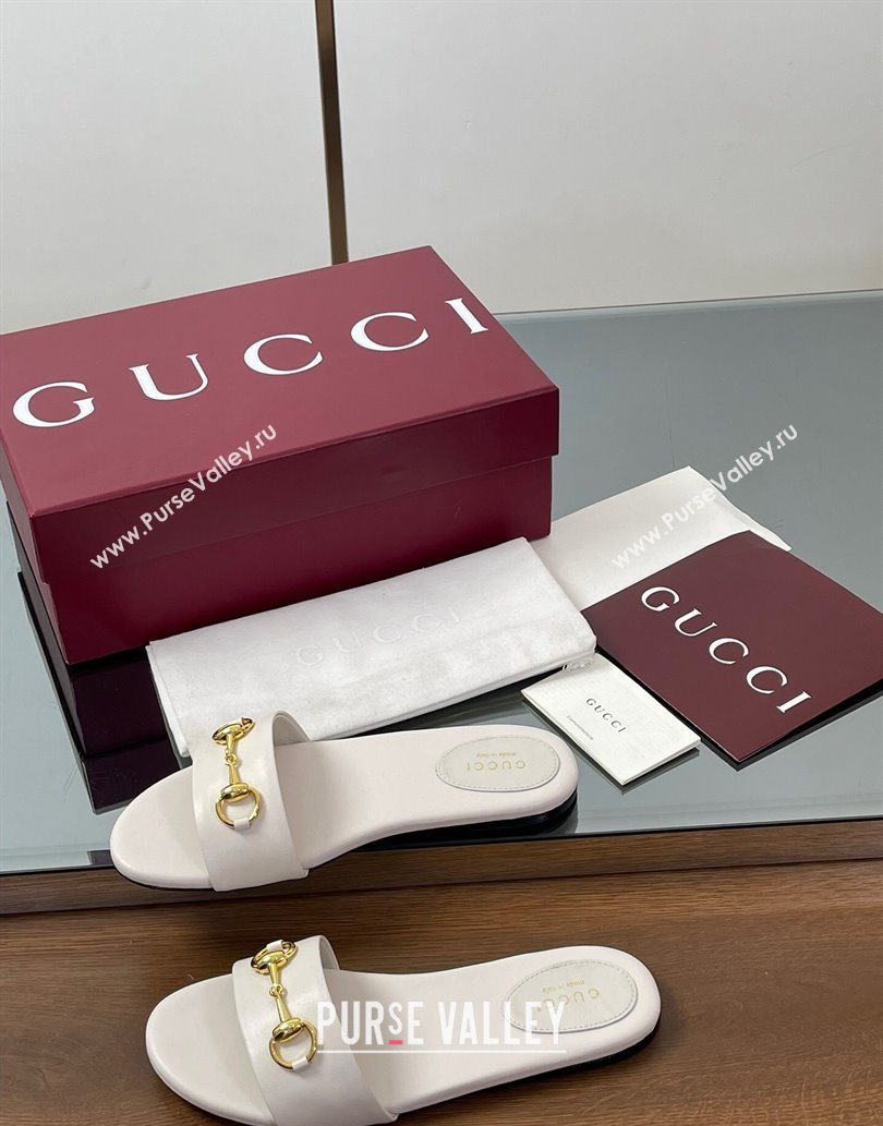 Gucci Calf Leather Flat Slides Sandal with Horsebit White 2025 835828 (MD-250609080)