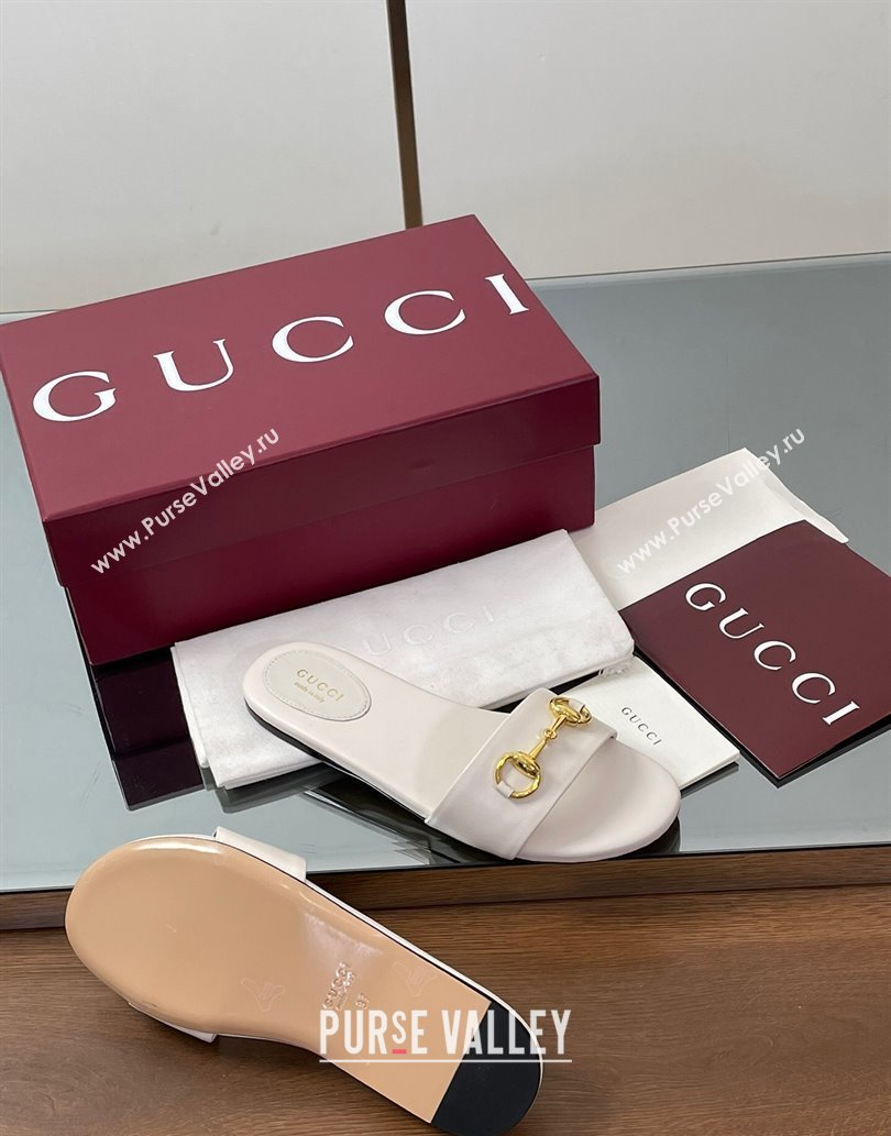 Gucci Calf Leather Flat Slides Sandal with Horsebit White 2025 835828 (MD-250609080)