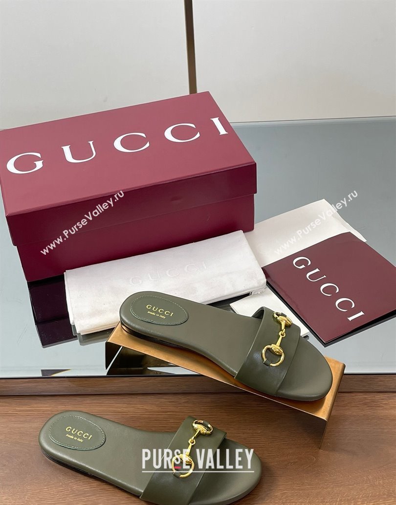 Gucci Calf Leather Flat Slides Sandal with Horsebit Green 2025 835828 (MD-250609082)