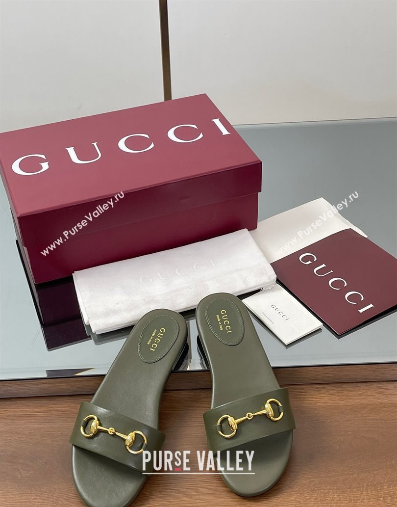 Gucci Calf Leather Flat Slides Sandal with Horsebit Green 2025 835828 (MD-250609082)
