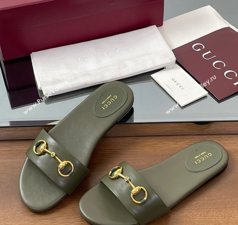 Gucci Calf Leather Flat Slides Sandal with Horsebit Green 2025 835828 (MD-250609082)