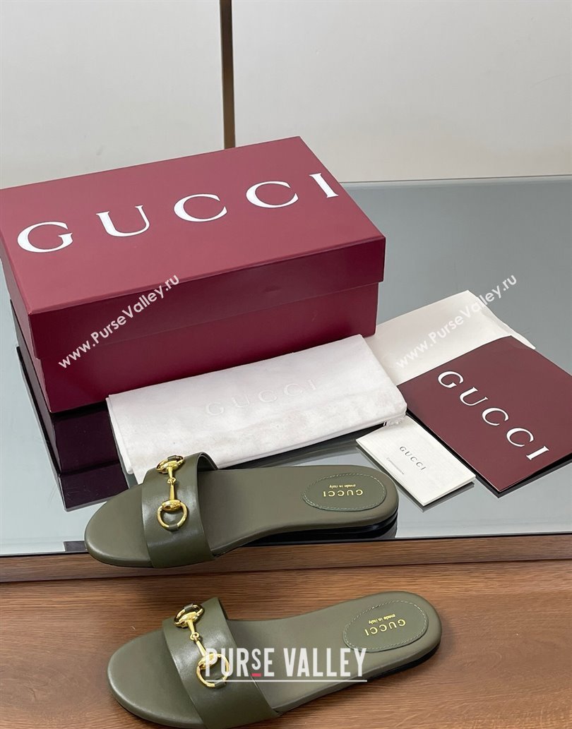 Gucci Calf Leather Flat Slides Sandal with Horsebit Green 2025 835828 (MD-250609082)