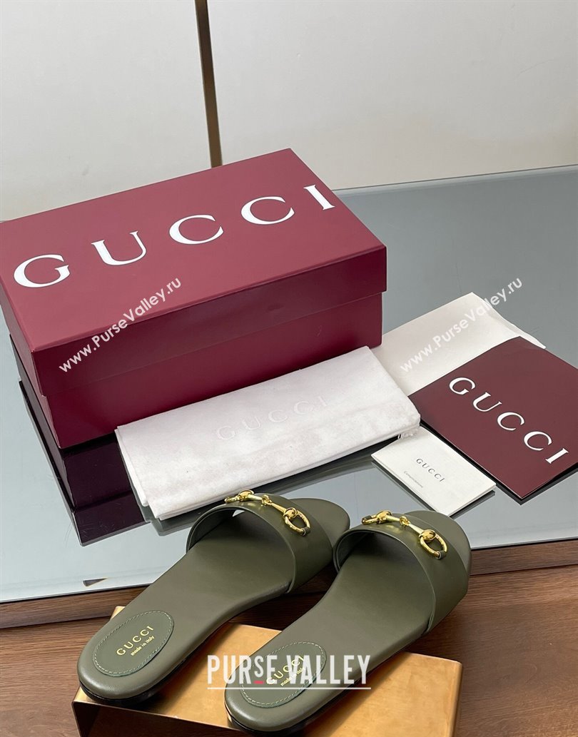 Gucci Calf Leather Flat Slides Sandal with Horsebit Green 2025 835828 (MD-250609082)
