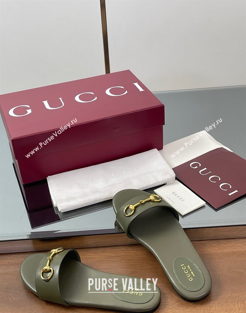 Gucci Calf Leather Flat Slides Sandal with Horsebit Green 2025 835828 (MD-250609082)