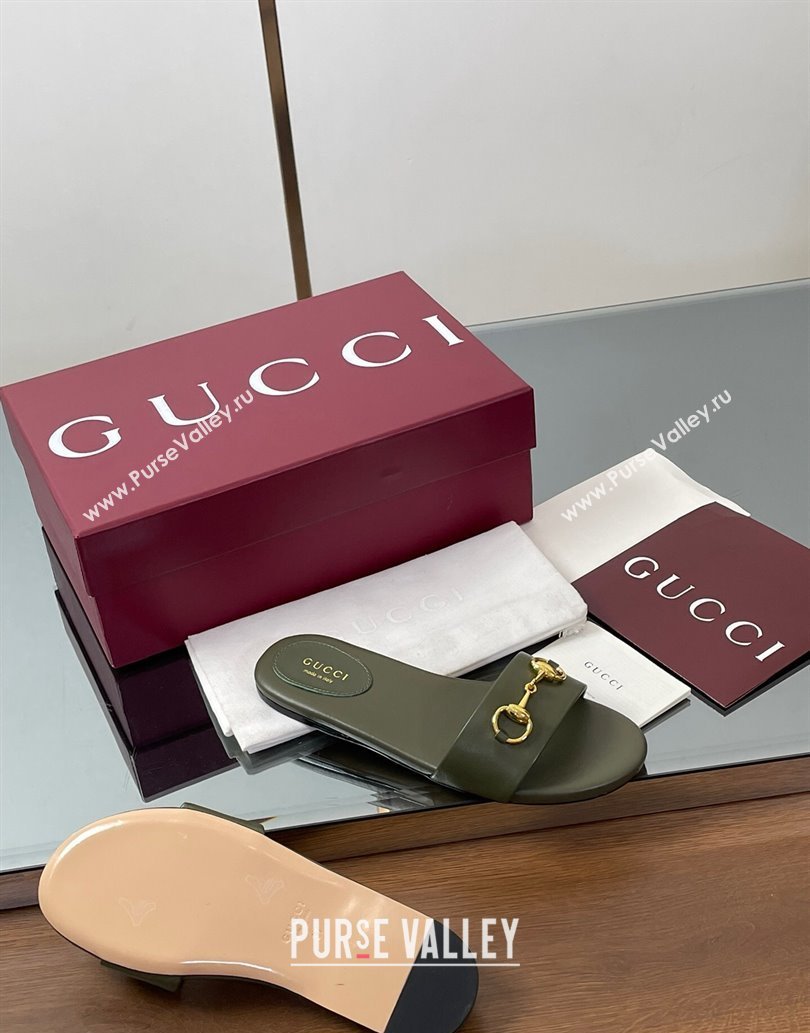 Gucci Calf Leather Flat Slides Sandal with Horsebit Green 2025 835828 (MD-250609082)