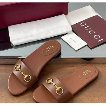 Gucci Calf Leather Flat Slides Sandal with Horsebit Brown 2025 835828 (MD-250609083)