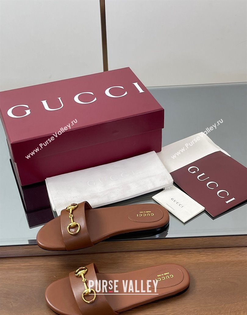 Gucci Calf Leather Flat Slides Sandal with Horsebit Brown 2025 835828 (MD-250609083)