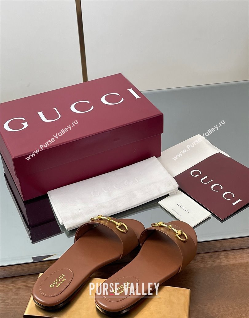 Gucci Calf Leather Flat Slides Sandal with Horsebit Brown 2025 835828 (MD-250609083)