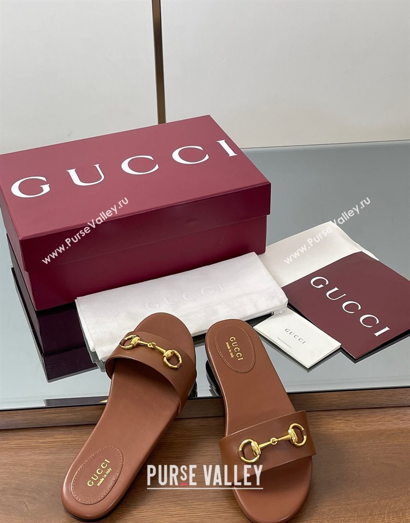 Gucci Calf Leather Flat Slides Sandal with Horsebit Brown 2025 835828 (MD-250609083)