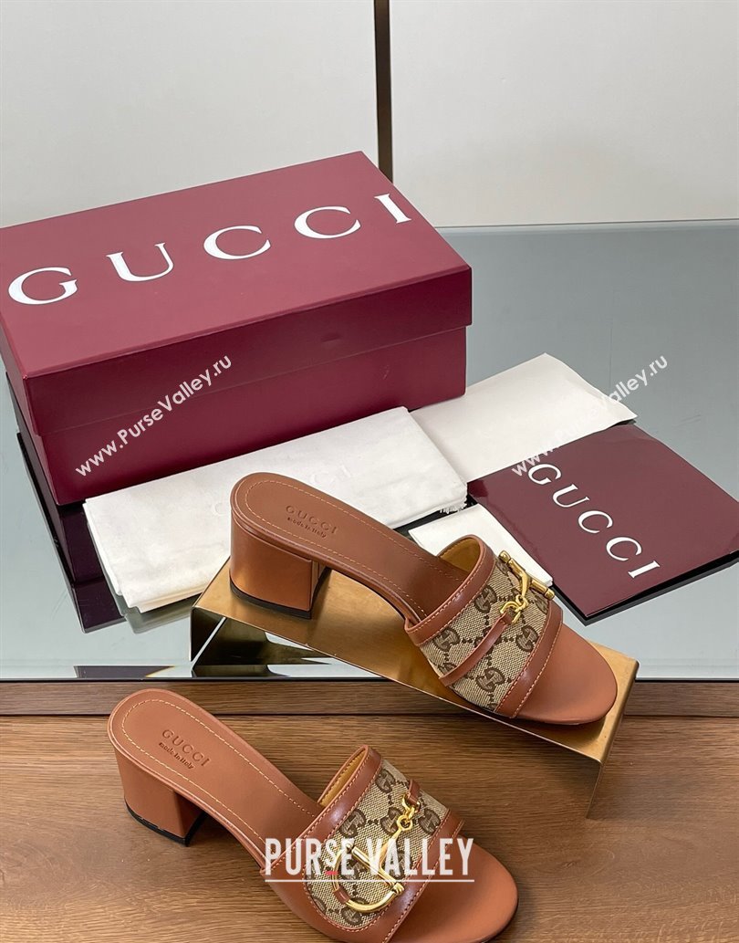 Gucci Heel Slides Sandal 5.5cm in GG Canvas and Lambskin with Horsebit Brown 2025 834421 (MD-250609084)