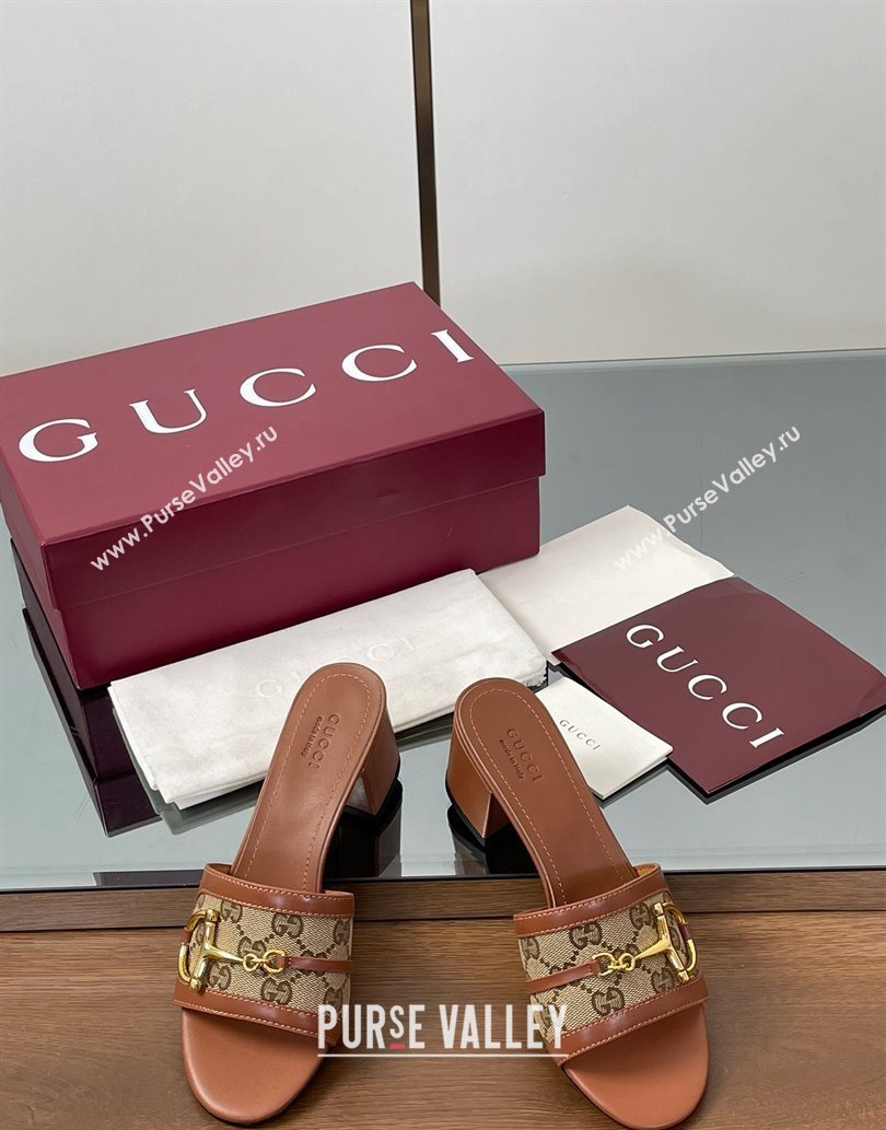 Gucci Heel Slides Sandal 5.5cm in GG Canvas and Lambskin with Horsebit Brown 2025 834421 (MD-250609084)