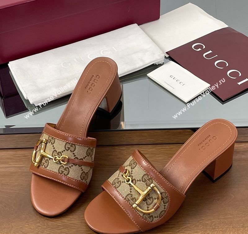 Gucci Heel Slides Sandal 5.5cm in GG Canvas and Lambskin with Horsebit Brown 2025 834421 (MD-250609084)