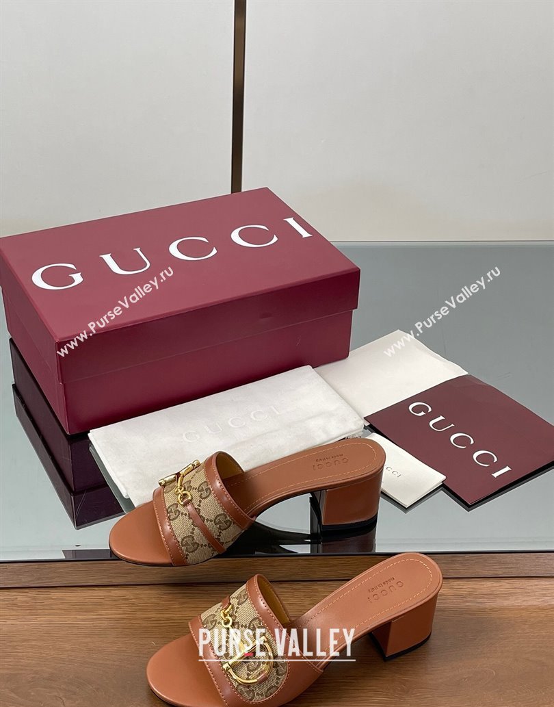 Gucci Heel Slides Sandal 5.5cm in GG Canvas and Lambskin with Horsebit Brown 2025 834421 (MD-250609084)