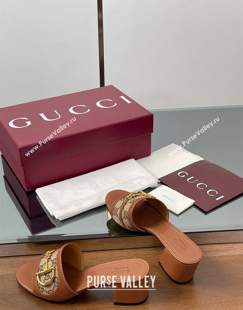 Gucci Heel Slides Sandal 5.5cm in GG Canvas and Lambskin with Horsebit Brown 2025 834421 (MD-250609084)
