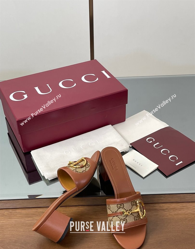 Gucci Heel Slides Sandal 5.5cm in GG Canvas and Lambskin with Horsebit Brown 2025 834421 (MD-250609084)
