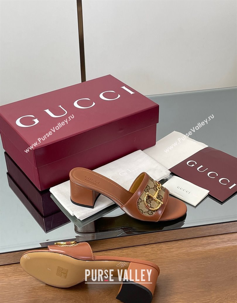 Gucci Heel Slides Sandal 5.5cm in GG Canvas and Lambskin with Horsebit Brown 2025 834421 (MD-250609084)