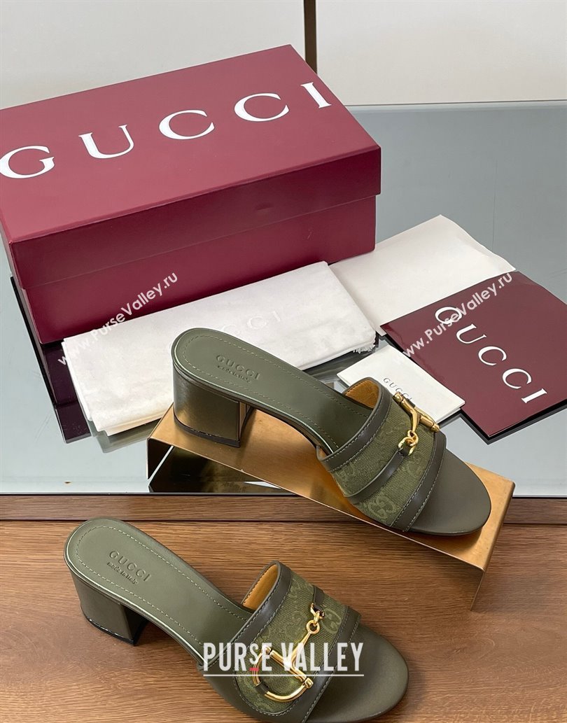 Gucci Heel Slides Sandal 5.5cm in GG Canvas and Lambskin with Horsebit Green 2025 834421 (MD-250609085)