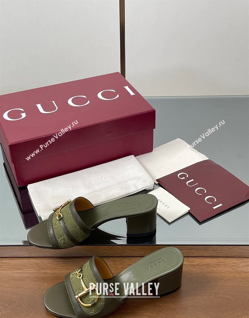 Gucci Heel Slides Sandal 5.5cm in GG Canvas and Lambskin with Horsebit Green 2025 834421 (MD-250609085)