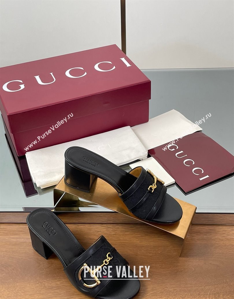 Gucci Heel Slides Sandal 5.5cm in GG Canvas and Lambskin with Horsebit Black 2025 834421 (MD-250609086)