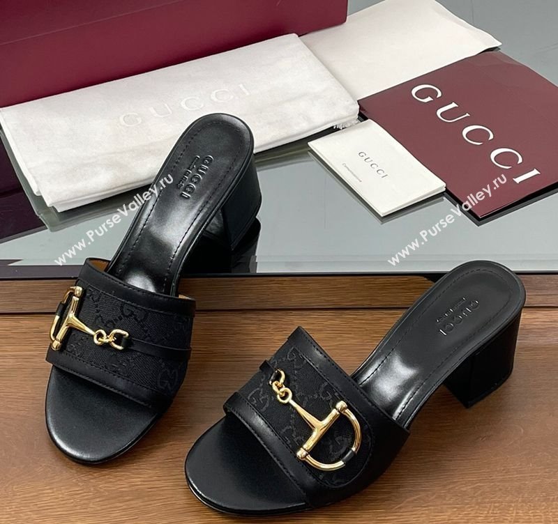 Gucci Heel Slides Sandal 5.5cm in GG Canvas and Lambskin with Horsebit Black 2025 834421 (MD-250609086)