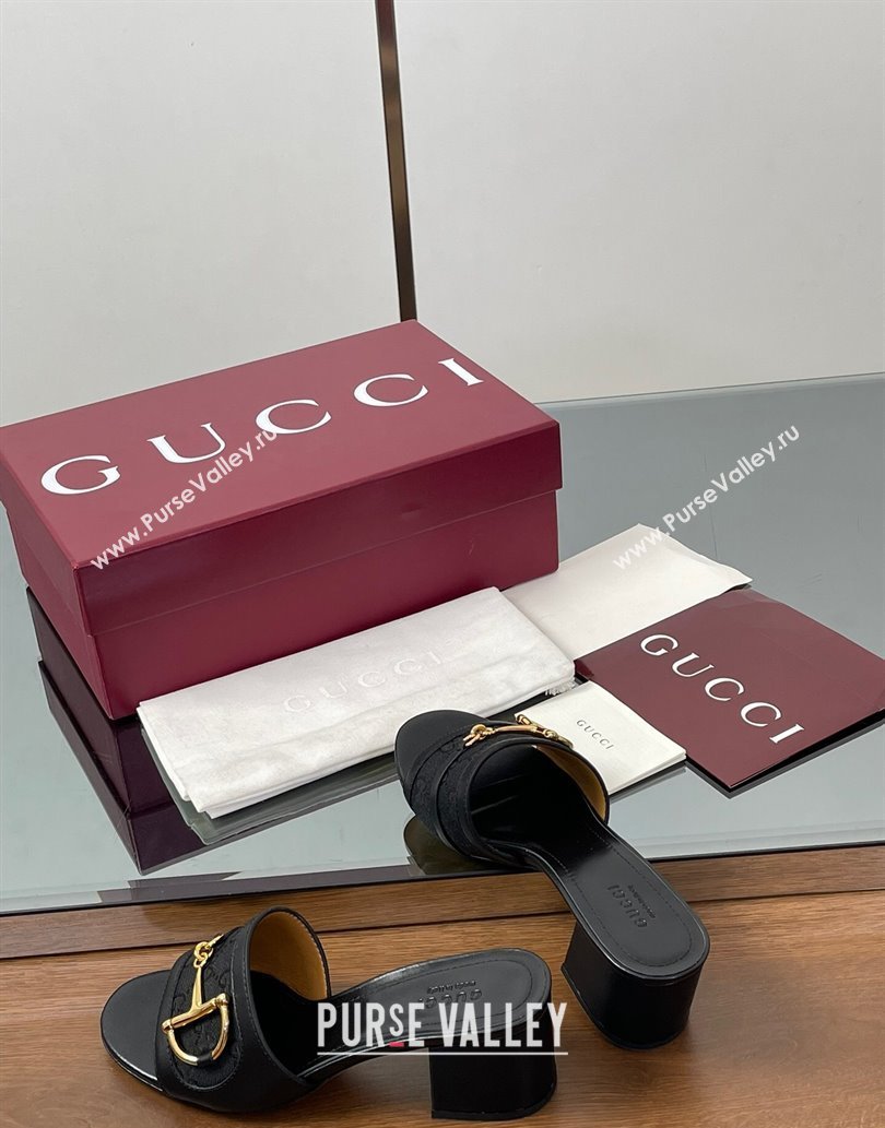 Gucci Heel Slides Sandal 5.5cm in GG Canvas and Lambskin with Horsebit Black 2025 834421 (MD-250609086)