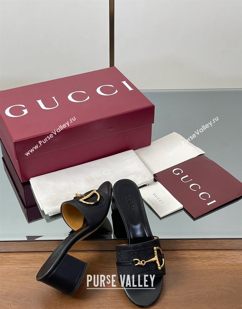 Gucci Heel Slides Sandal 5.5cm in GG Canvas and Lambskin with Horsebit Black 2025 834421 (MD-250609086)