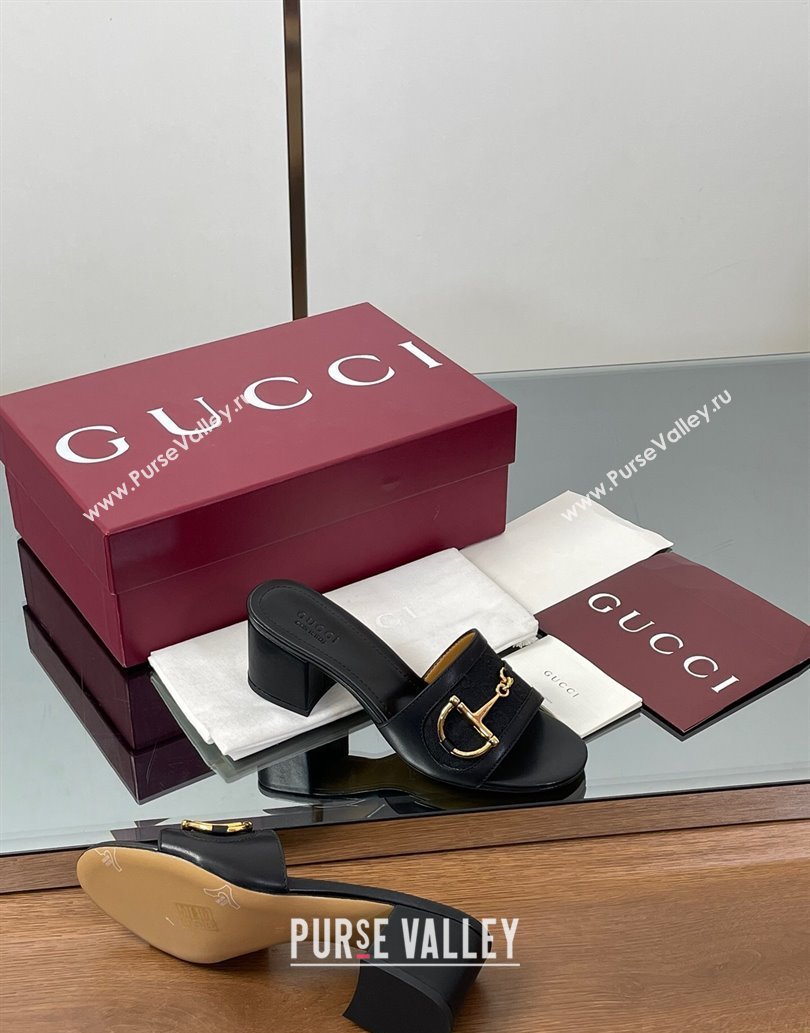 Gucci Heel Slides Sandal 5.5cm in GG Canvas and Lambskin with Horsebit Black 2025 834421 (MD-250609086)