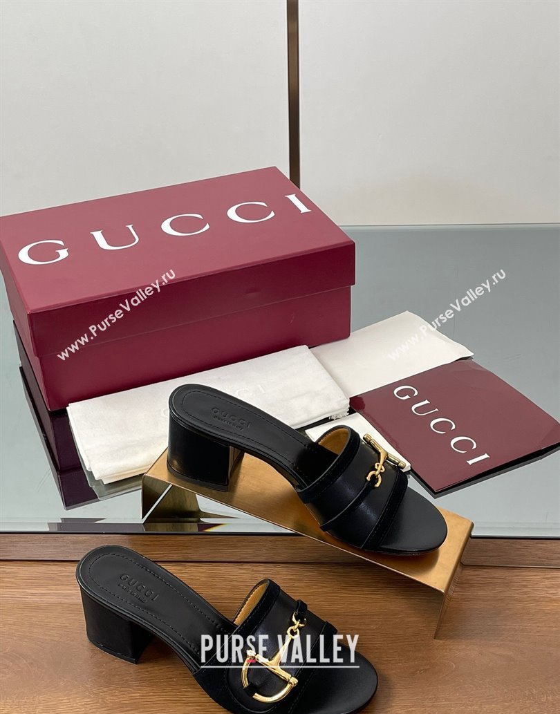 Gucci Heel Slides Sandal 5.5cm in Suede Trim and Lambskin with Horsebit Black 2025 834421 (MD-250609089)