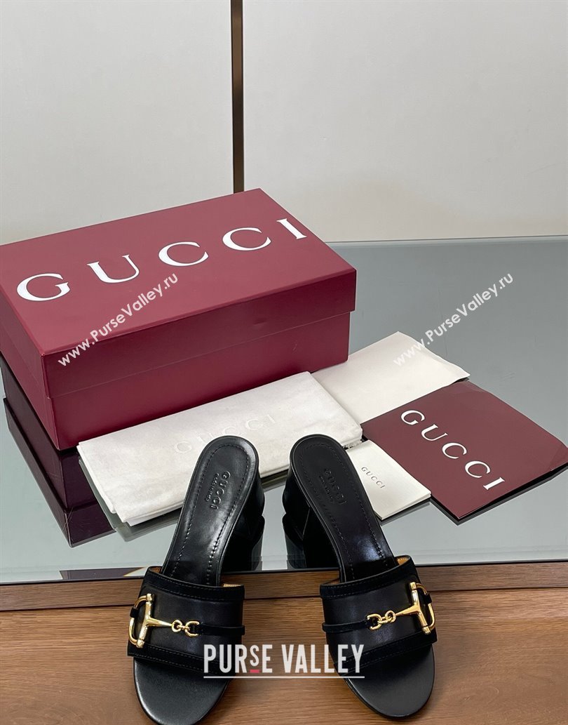 Gucci Heel Slides Sandal 5.5cm in Suede Trim and Lambskin with Horsebit Black 2025 834421 (MD-250609089)