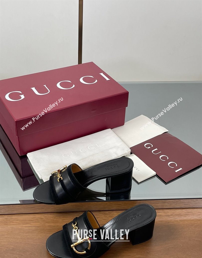 Gucci Heel Slides Sandal 5.5cm in Suede Trim and Lambskin with Horsebit Black 2025 834421 (MD-250609089)