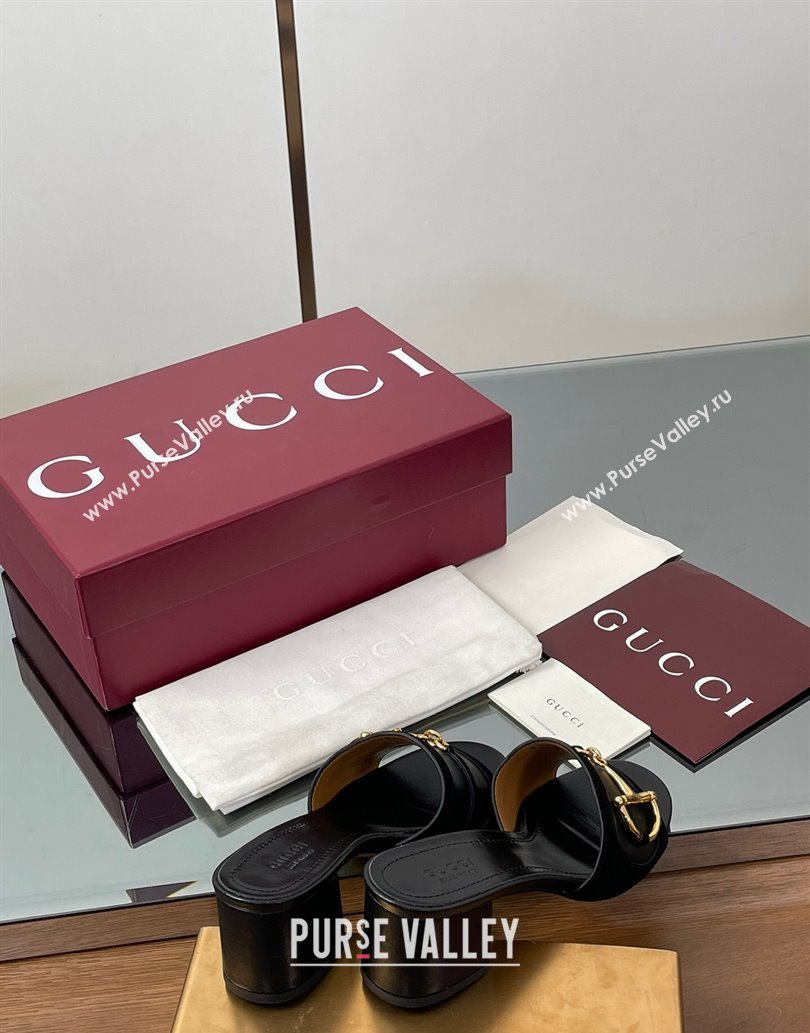 Gucci Heel Slides Sandal 5.5cm in Suede Trim and Lambskin with Horsebit Black 2025 834421 (MD-250609089)