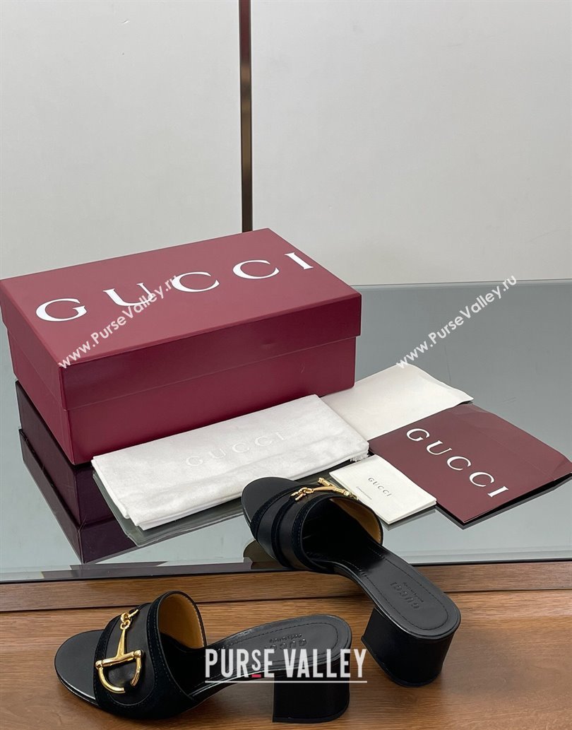 Gucci Heel Slides Sandal 5.5cm in Suede Trim and Lambskin with Horsebit Black 2025 834421 (MD-250609089)