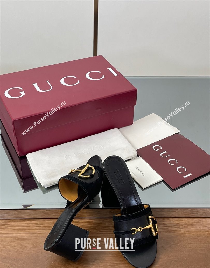 Gucci Heel Slides Sandal 5.5cm in Suede Trim and Lambskin with Horsebit Black 2025 834421 (MD-250609089)