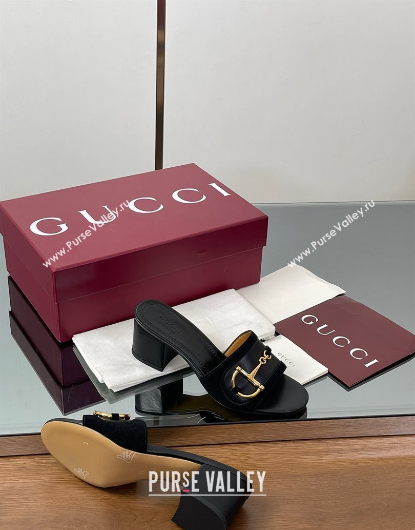 Gucci Heel Slides Sandal 5.5cm in Suede Trim and Lambskin with Horsebit Black 2025 834421 (MD-250609089)