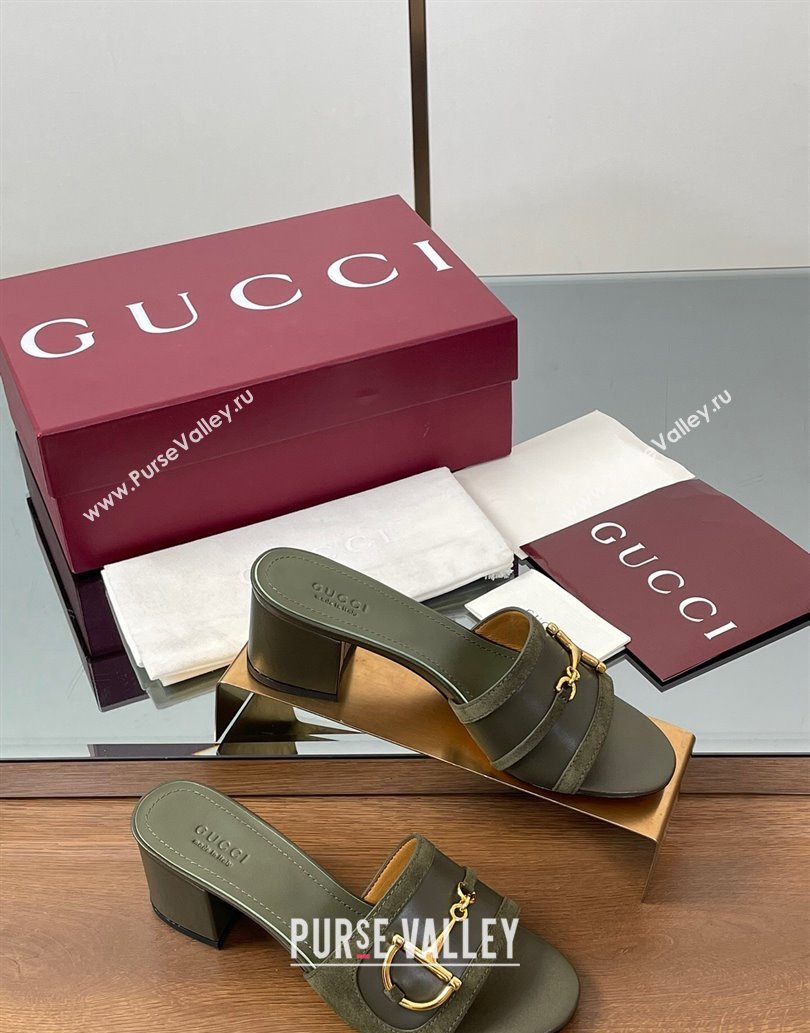 Gucci Heel Slides Sandal 5.5cm in Suede Trim and Lambskin with Horsebit Green 2025 834421 (MD-250609090)
