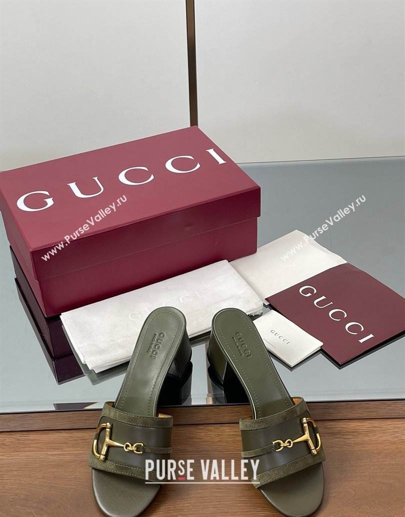 Gucci Heel Slides Sandal 5.5cm in Suede Trim and Lambskin with Horsebit Green 2025 834421 (MD-250609090)
