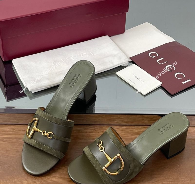 Gucci Heel Slides Sandal 5.5cm in Suede Trim and Lambskin with Horsebit Green 2025 834421 (MD-250609090)