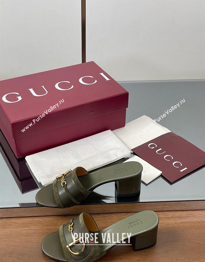 Gucci Heel Slides Sandal 5.5cm in Suede Trim and Lambskin with Horsebit Green 2025 834421 (MD-250609090)