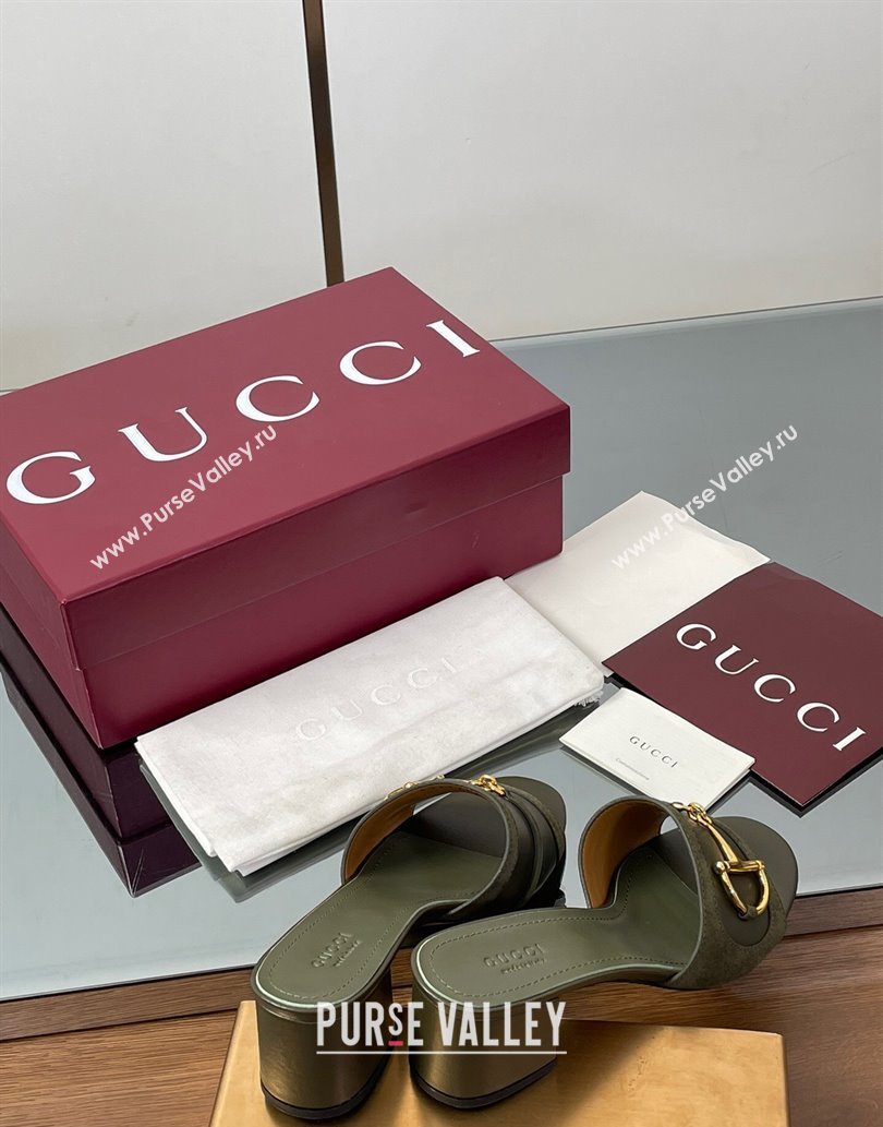 Gucci Heel Slides Sandal 5.5cm in Suede Trim and Lambskin with Horsebit Green 2025 834421 (MD-250609090)