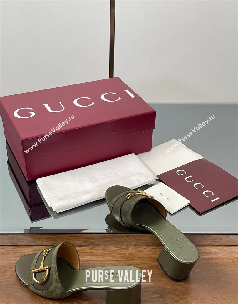 Gucci Heel Slides Sandal 5.5cm in Suede Trim and Lambskin with Horsebit Green 2025 834421 (MD-250609090)