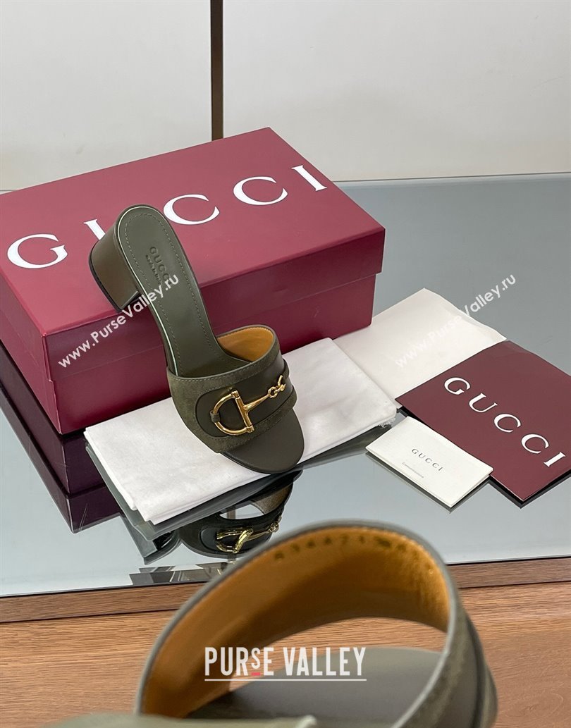 Gucci Heel Slides Sandal 5.5cm in Suede Trim and Lambskin with Horsebit Green 2025 834421 (MD-250609090)