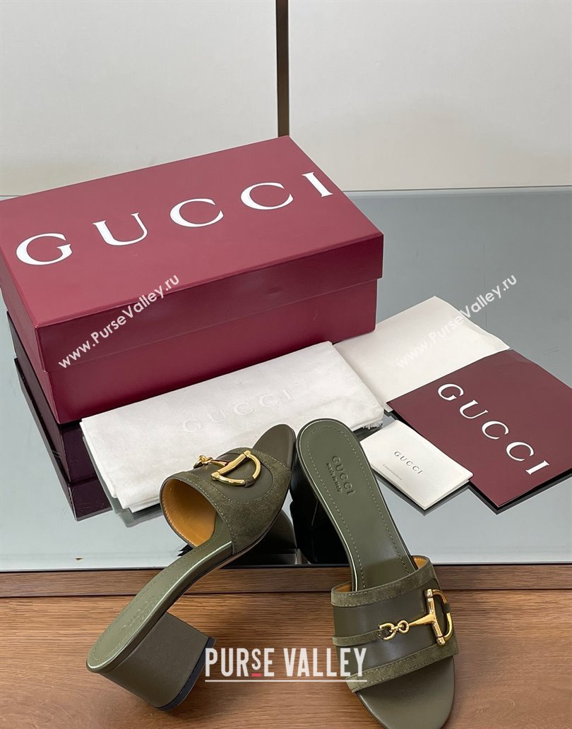 Gucci Heel Slides Sandal 5.5cm in Suede Trim and Lambskin with Horsebit Green 2025 834421 (MD-250609090)