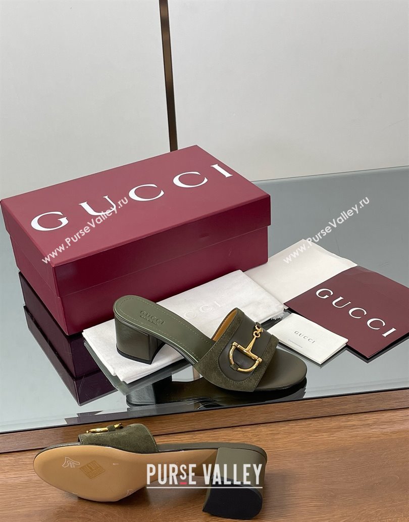 Gucci Heel Slides Sandal 5.5cm in Suede Trim and Lambskin with Horsebit Green 2025 834421 (MD-250609090)