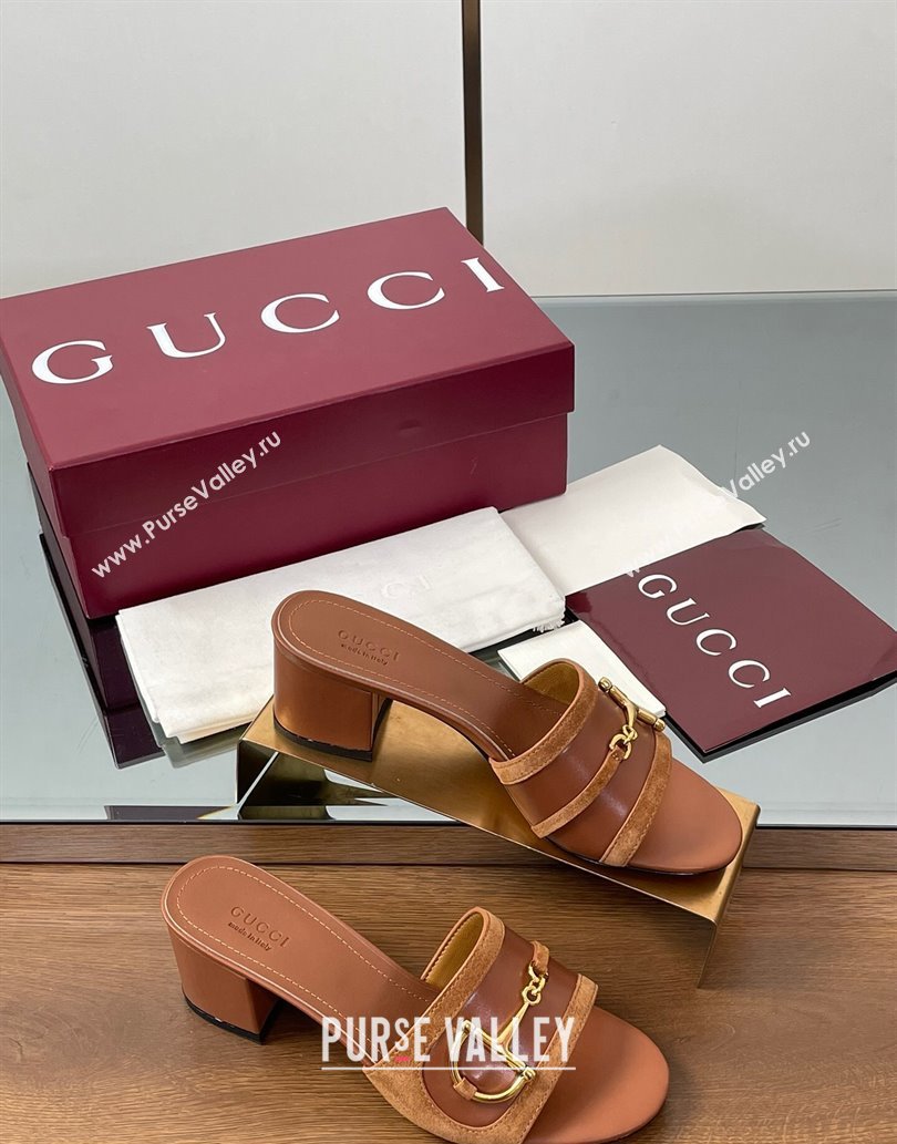 Gucci Heel Slides Sandal 5.5cm in Suede Trim and Lambskin with Horsebit Brown 2025 834421 (MD-250609091)