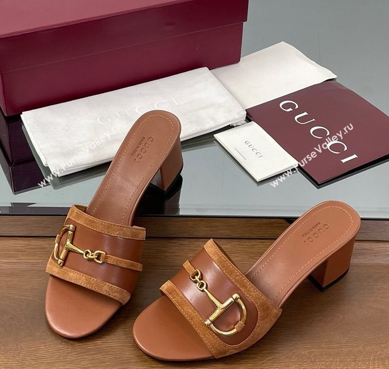 Gucci Heel Slides Sandal 5.5cm in Suede Trim and Lambskin with Horsebit Brown 2025 834421 (MD-250609091)