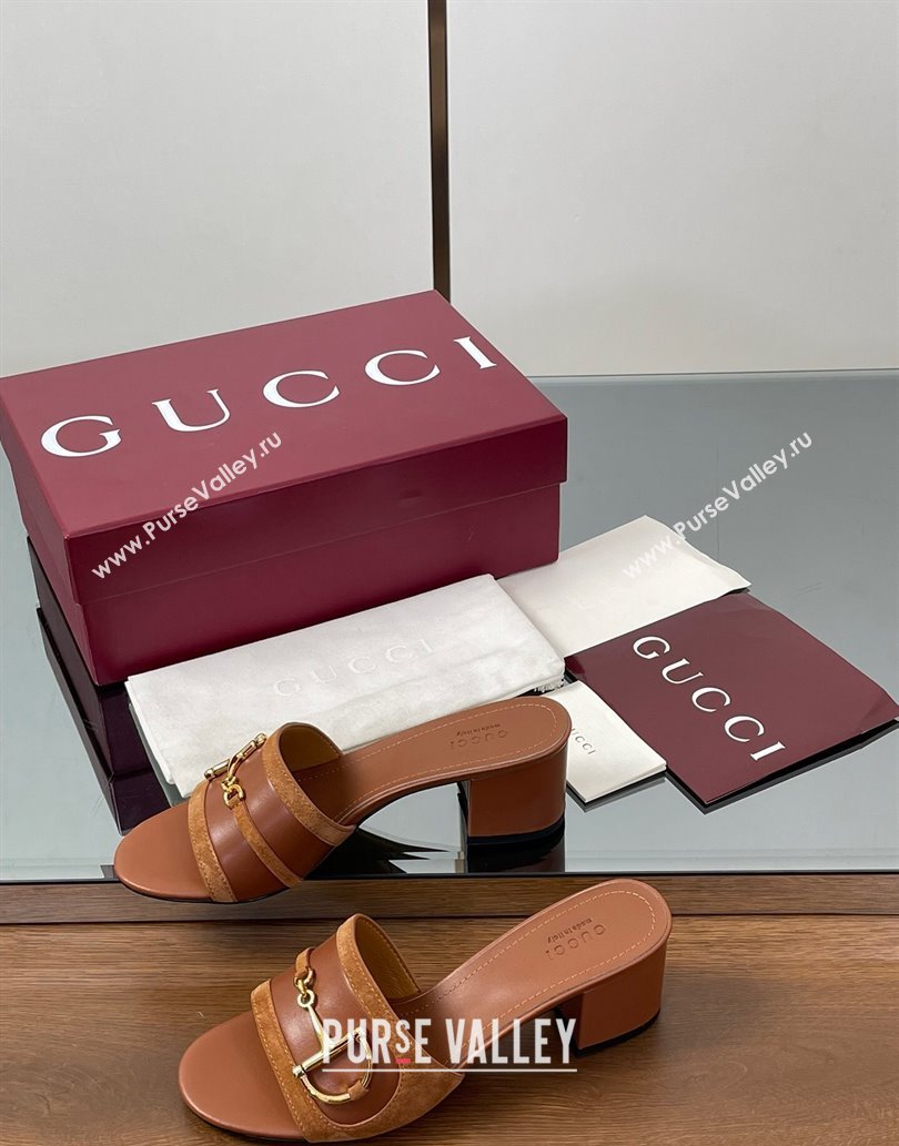 Gucci Heel Slides Sandal 5.5cm in Suede Trim and Lambskin with Horsebit Brown 2025 834421 (MD-250609091)
